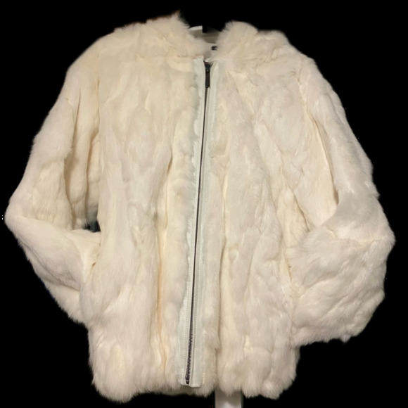 Phase Two White Rabbit Fur Jacket Leather Trim  Size Medium Womens Winter Coat - Picture 5 of 14